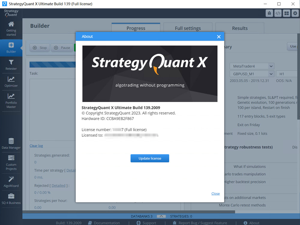 StrategyQuantX Ultimate 139 一机一码授权版 自动开发策略StrategyQuant X Ultimate Build 139软件工具